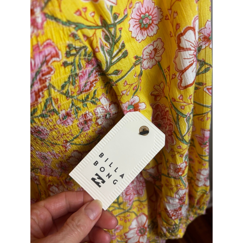 Billabong Mini Dress S Yellow Pink Floral Smocked NWT boho surf beach - Picture 4 of 8